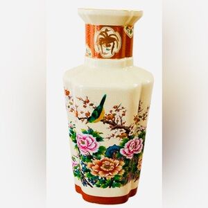 Vtg Kutani Japanese Vase with Avian Sakura Cherry Blossom Peonies Crackle Glaze